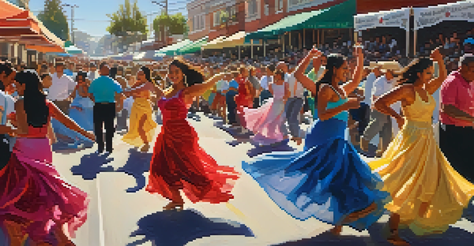 A lively salsa festival in Redwood City with dancers in colorful costumes and local food stalls, capturing the vibrant cultural exchange.
