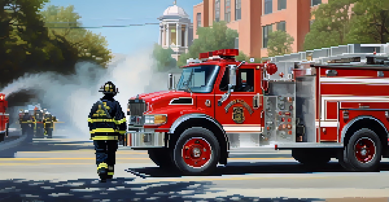 A modern firefighter from the Redwood City Fire Department in gear, responding to an emergency with a fire truck and smoke in the background.