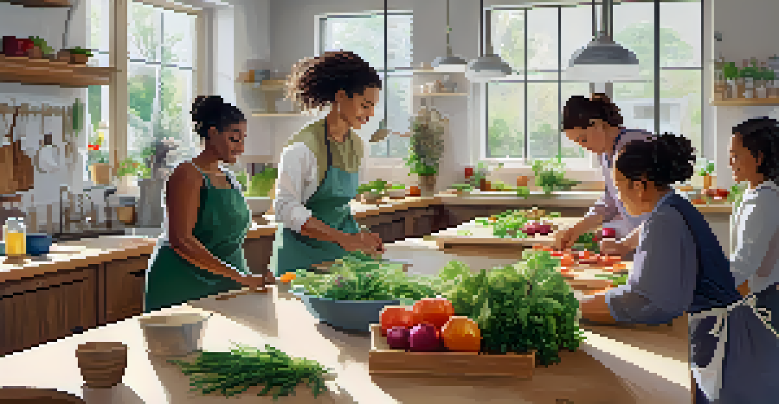 A cooking class in a bright kitchen where participants are learning to prepare healthy meals with fresh ingredients.