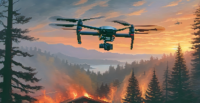 A drone hovering above a wildfire, with smoke and flames in the background during a sunset.