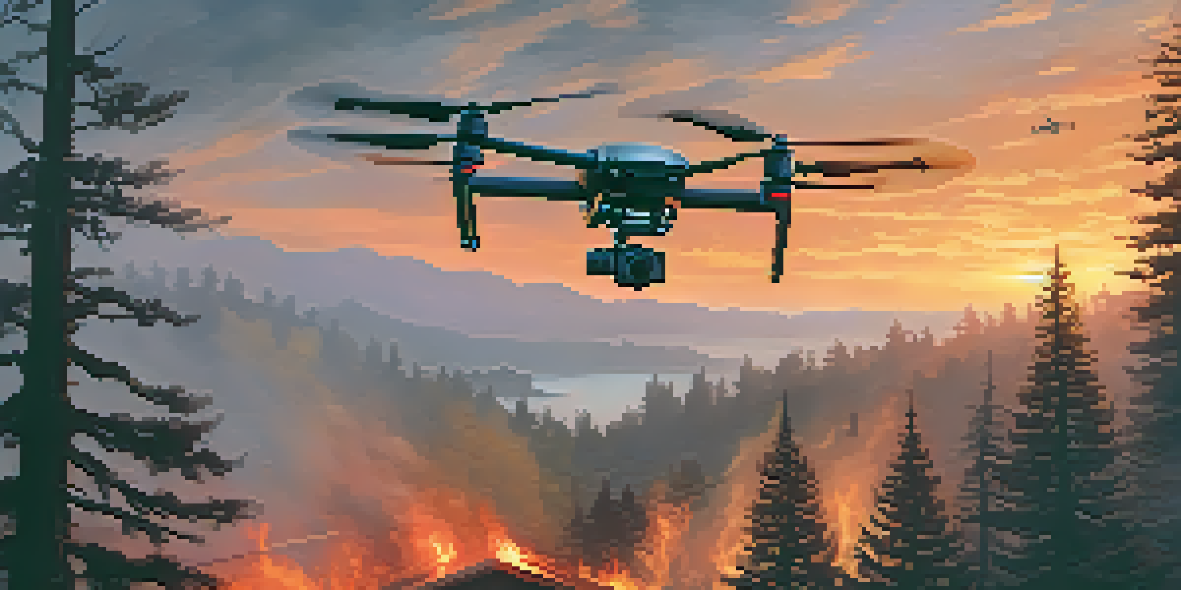A drone hovering above a wildfire, with smoke and flames in the background during a sunset.