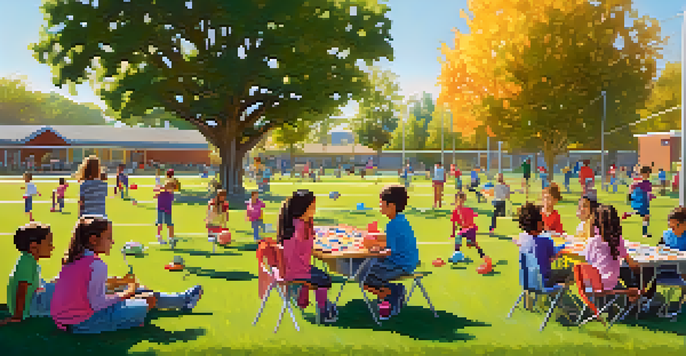 Children engaging in various after-school activities, including painting and playing soccer, in a lively and colorful environment.