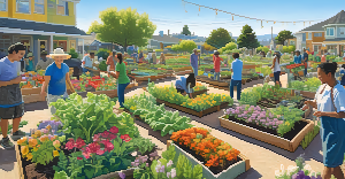 A community garden with diverse people planting and watering vegetables and flowers under a bright sky.