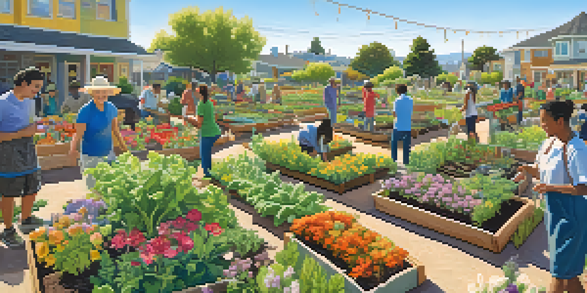 A community garden with diverse people planting and watering vegetables and flowers under a bright sky.