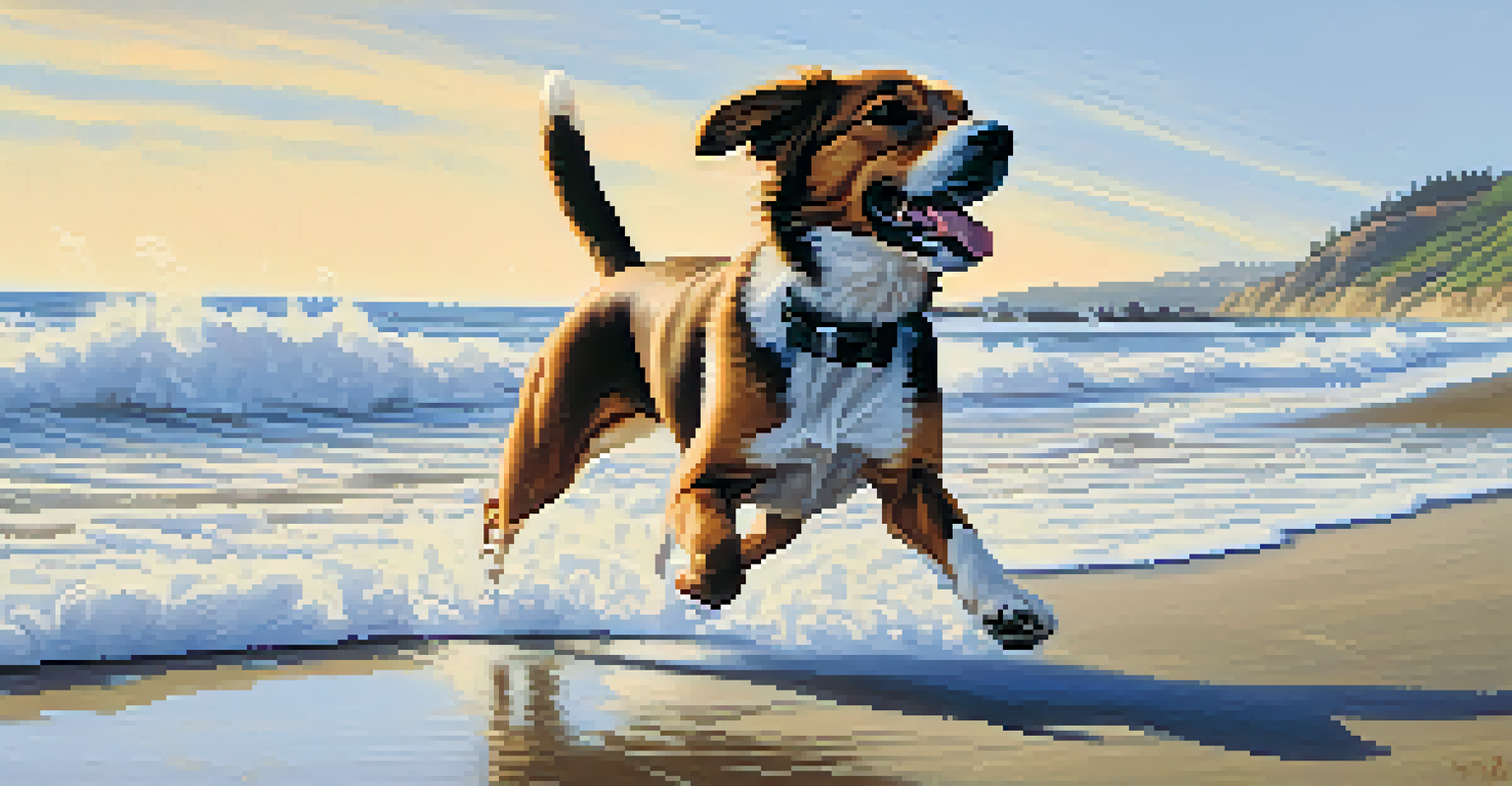 A happy dog running on the sandy beach at Half Moon Bay, with waves crashing and people enjoying the sun in the background.