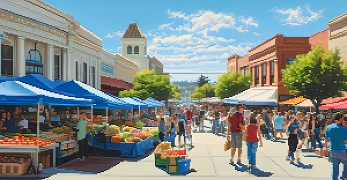 A lively downtown area of Redwood City with historic and modern buildings, people visiting a farmers' market on a sunny day.