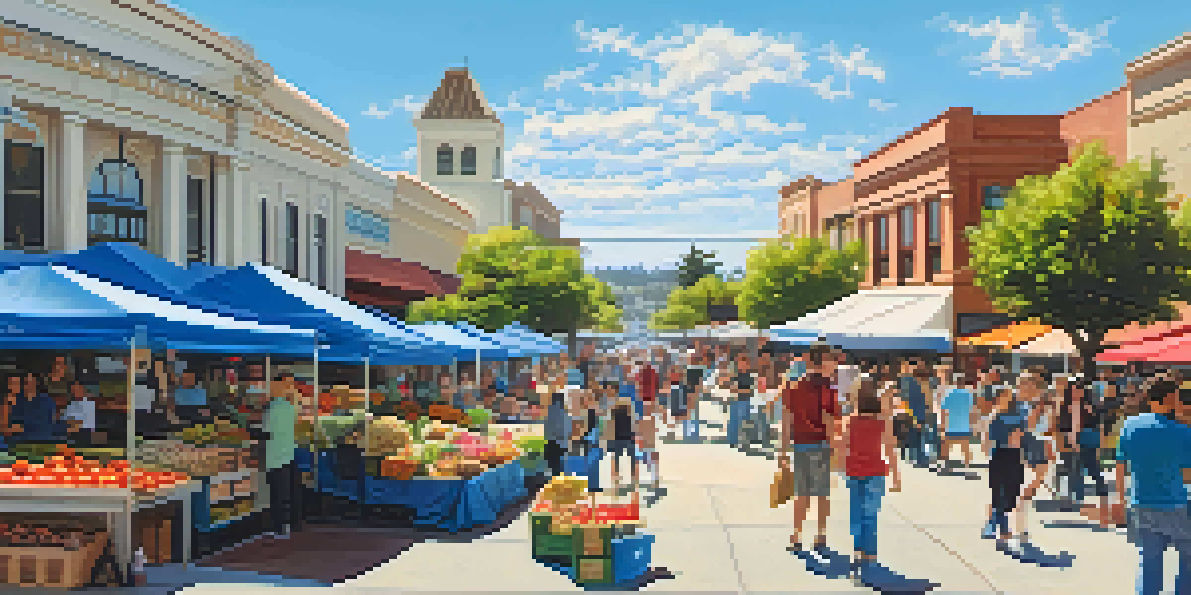 A lively downtown area of Redwood City with historic and modern buildings, people visiting a farmers' market on a sunny day.