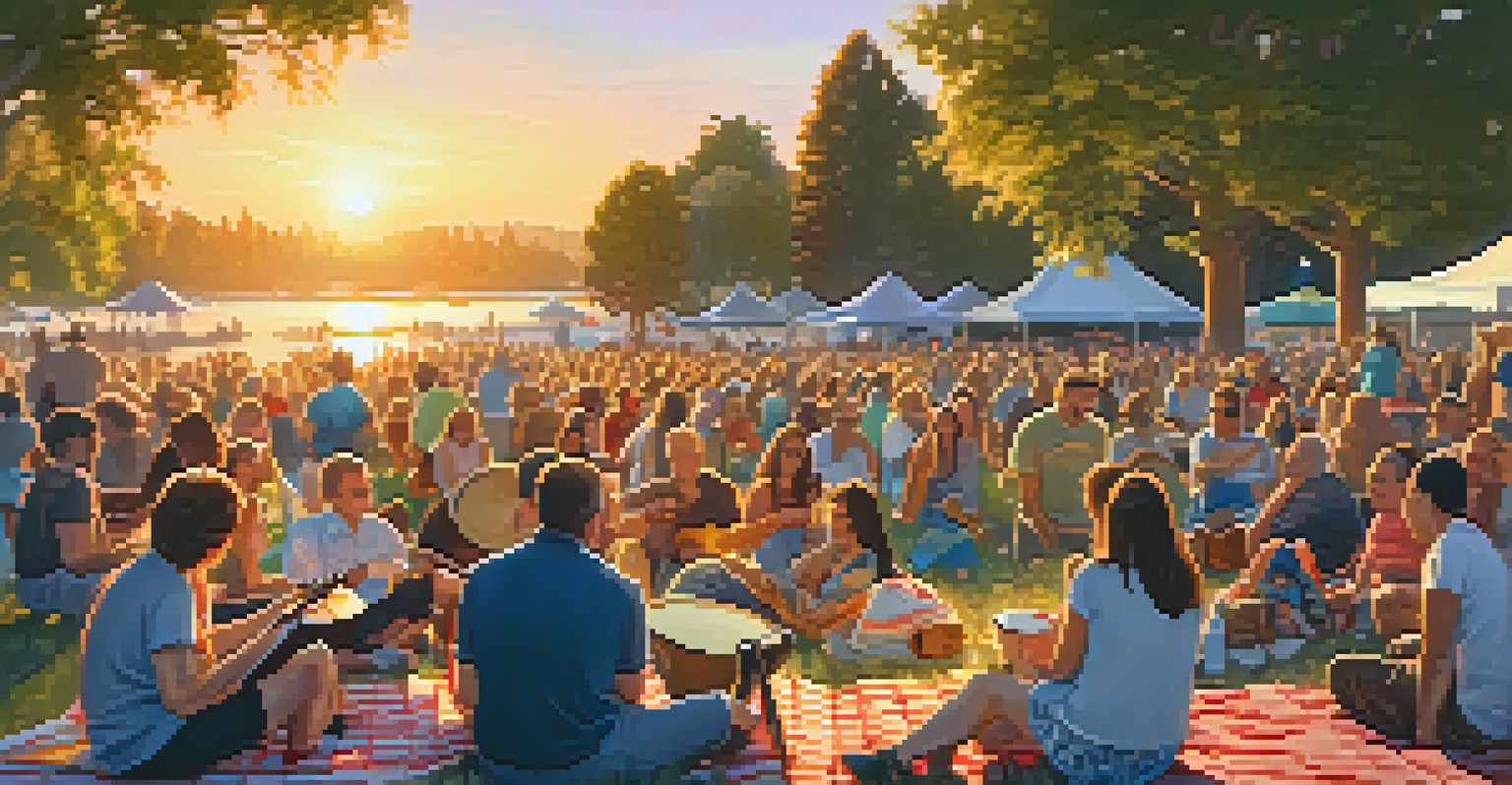 An outdoor summer concert in Redwood City with a diverse crowd enjoying live music during sunset.