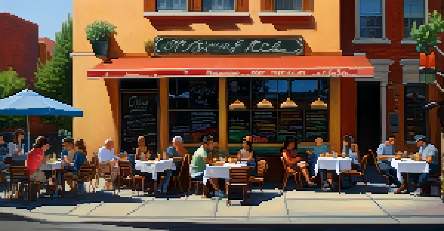 An outdoor café with diners enjoying budget meals, featuring a chalkboard menu and colorful plates of food.