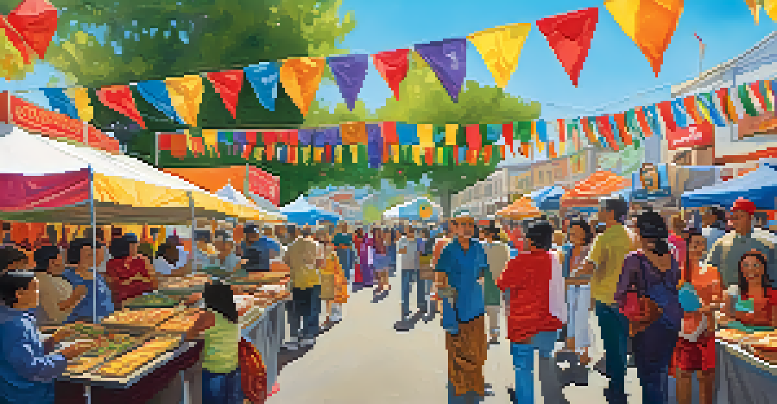 A colorful cultural festival with diverse food stalls and people enjoying performances, creating a lively atmosphere.