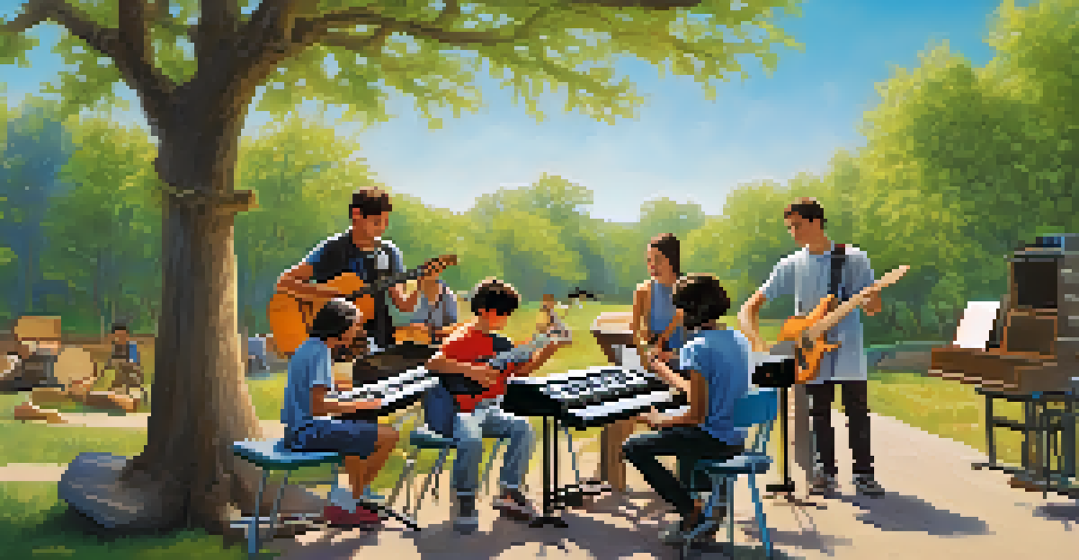 A group of young musicians in an outdoor workshop with instruments, learning from a mentor under a bright blue sky.