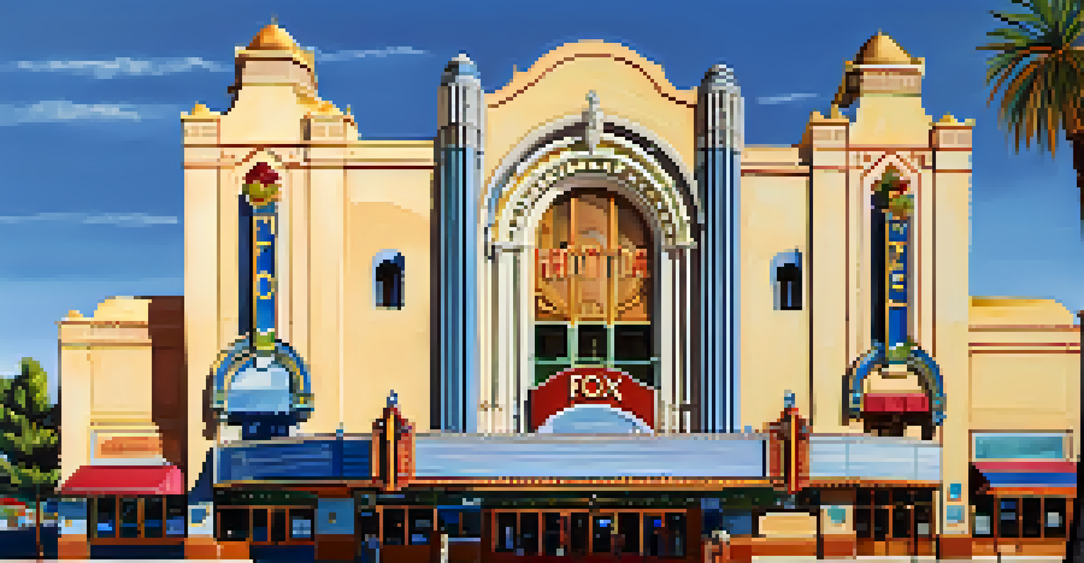 The historic Fox Theatre in Redwood City, showcasing arched windows and a tiled roof, surrounded by palm trees and outdoor seating.
