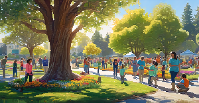 A diverse group of residents planting trees in a park, smiling and working together under the sunlight.