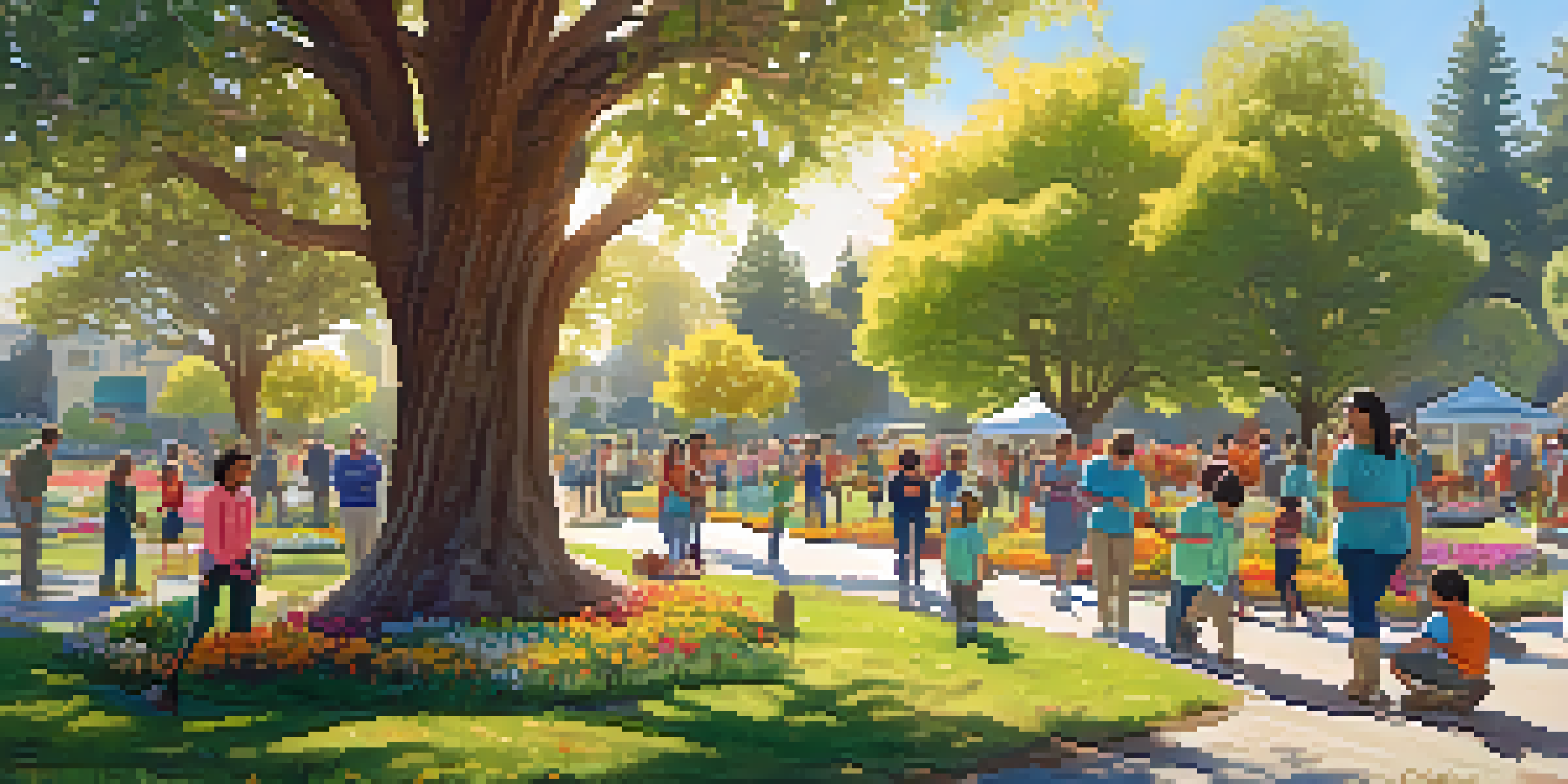 A diverse group of residents planting trees in a park, smiling and working together under the sunlight.