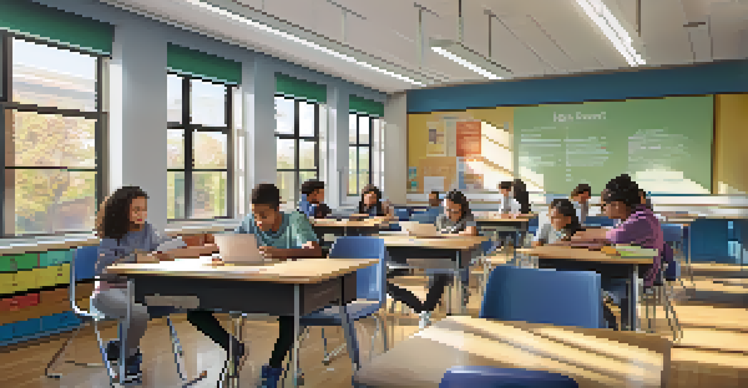 A middle school classroom with students working together on a project, surrounded by educational materials and natural light.