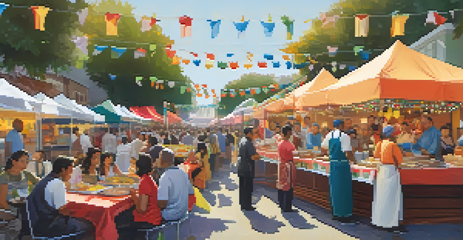 A lively outdoor cultural celebration in Redwood City with food stalls and diverse attendees enjoying traditional dishes.