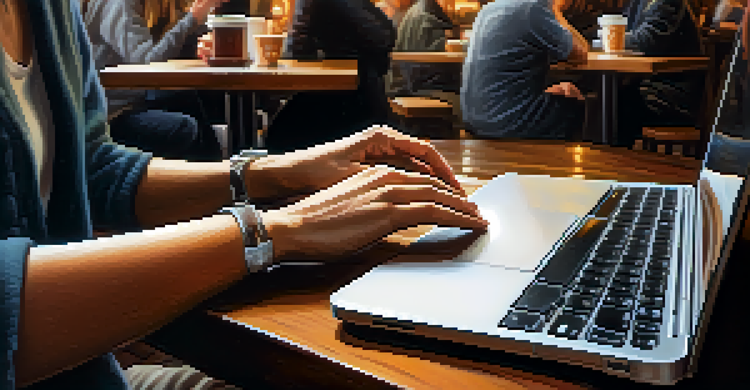 Close-up of hands typing on a laptop in a café with a cup of coffee, showcasing a warm and inviting tech-friendly environment.