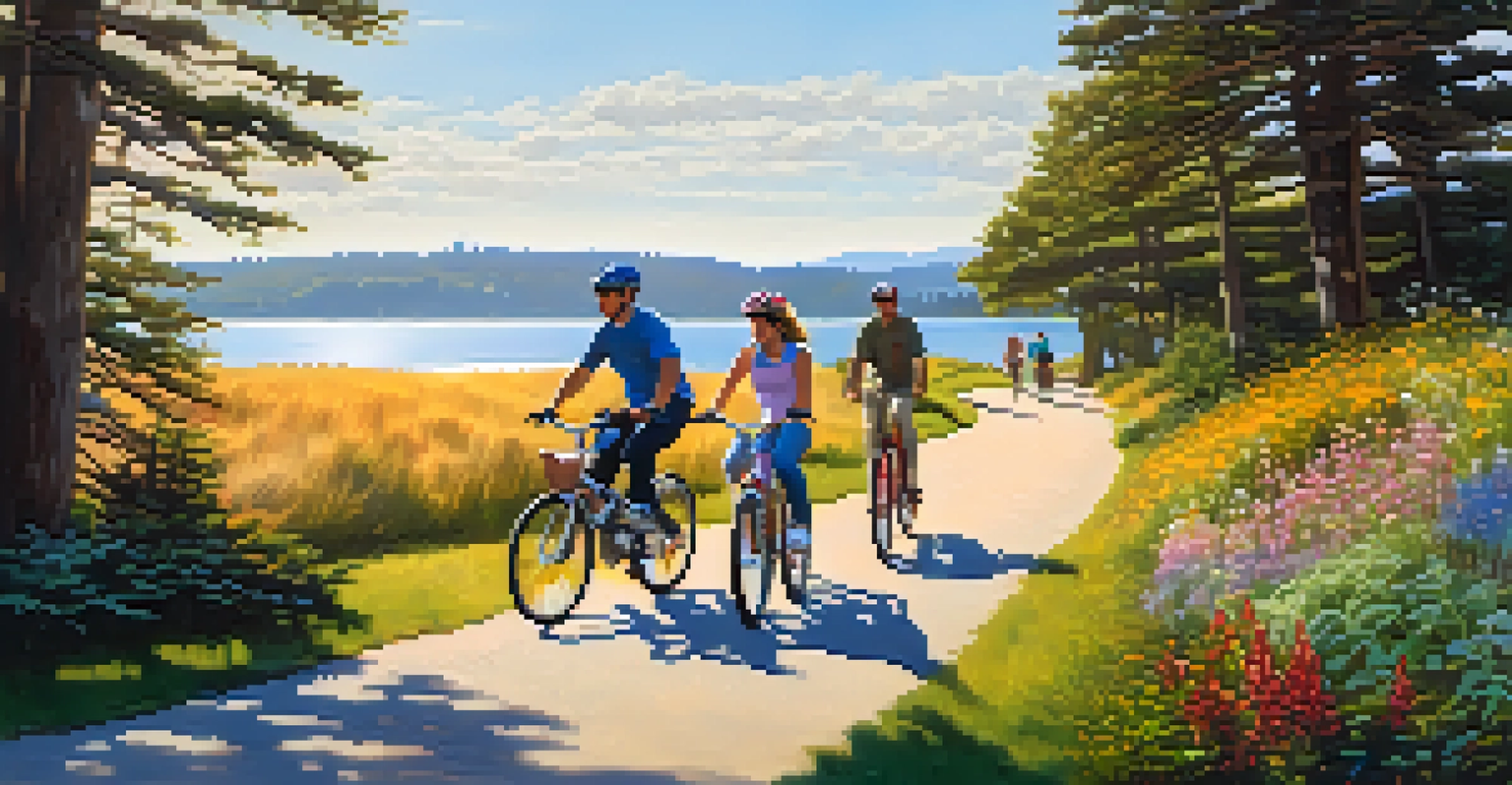 Families biking along the Bay Trail with scenic views of the bay and picnic areas.