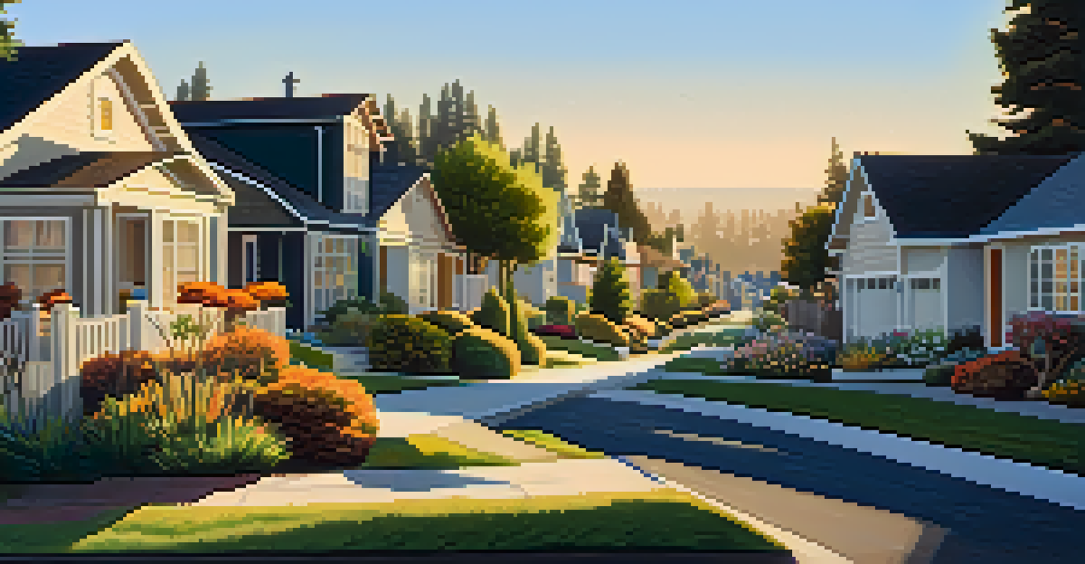 A modern residential neighborhood in Redwood City with beautiful houses and gardens during sunset.