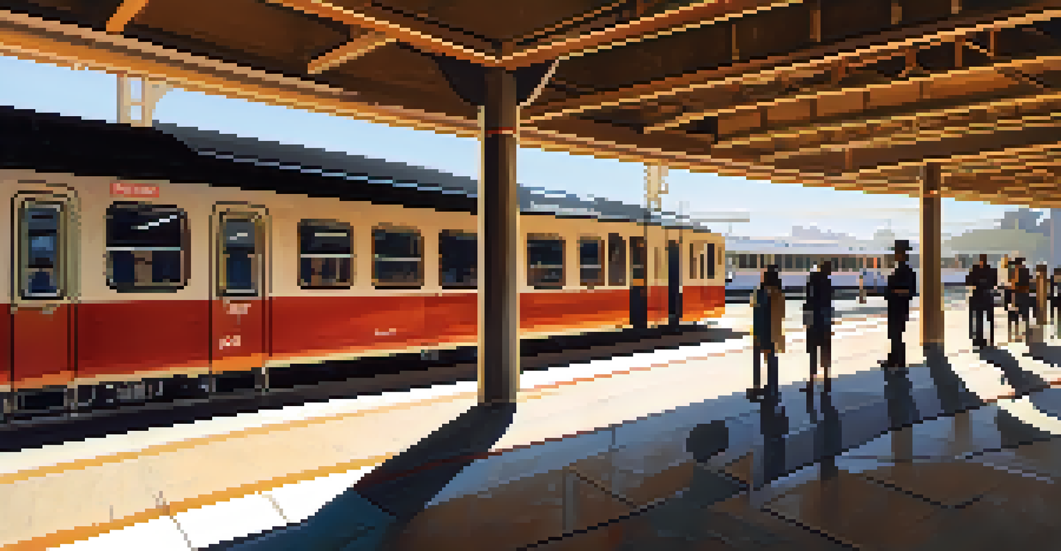 The exterior of the Caltrain station in Redwood City at sunset, with people waiting and a train approaching.
