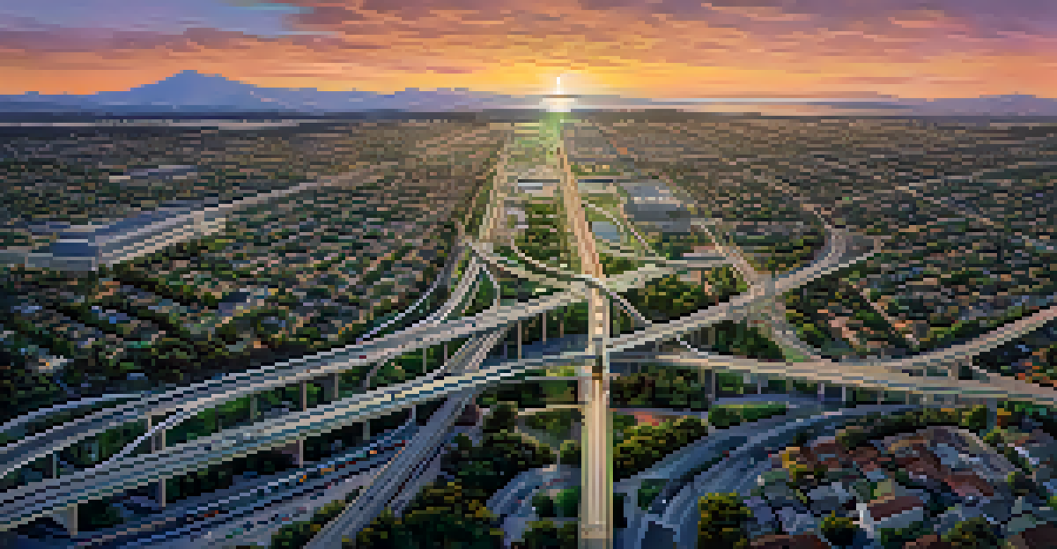 Aerial view of Redwood City showcasing highways, public transit, and parks during sunset.
