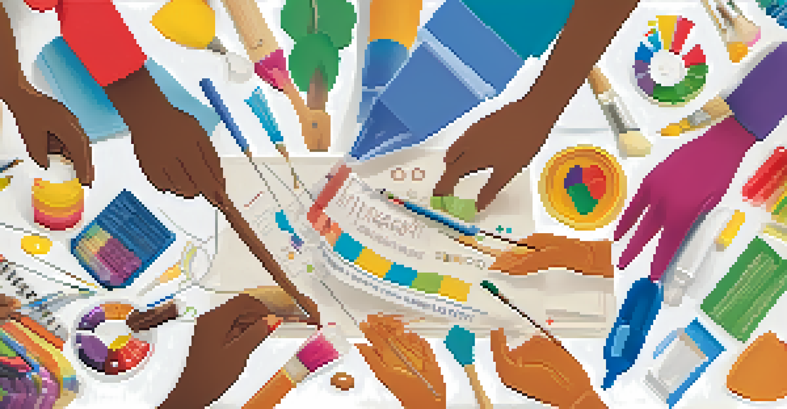 Close-up of diverse hands collaborating to create a community health initiative poster with colorful graphics and health tips.