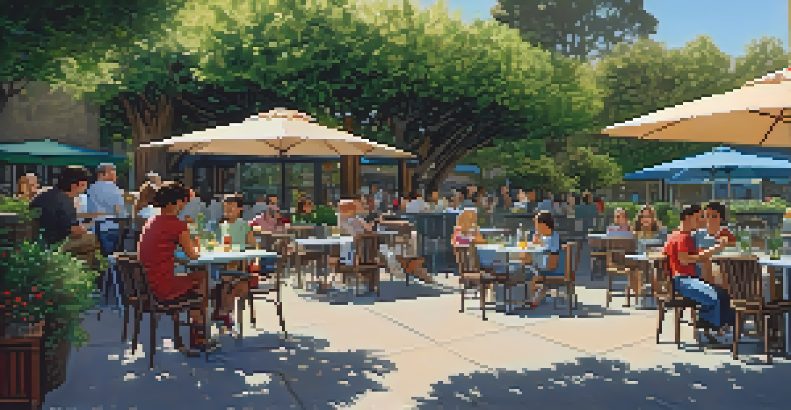 Families dining outdoors on a patio surrounded by greenery and children playing.