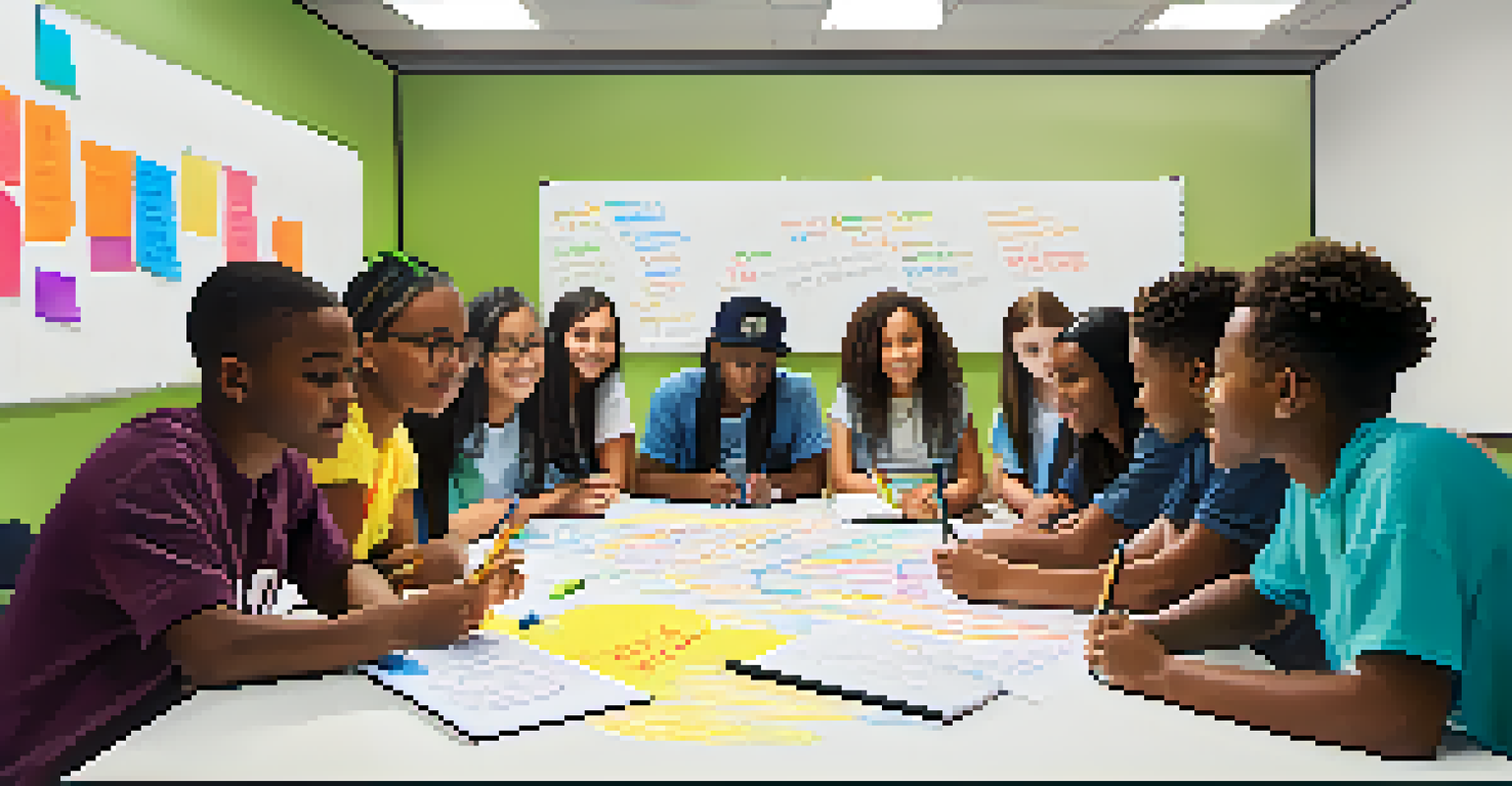 Teens participating in a leadership council meeting, discussing ideas around a table in a bright community center with a whiteboard in the background.