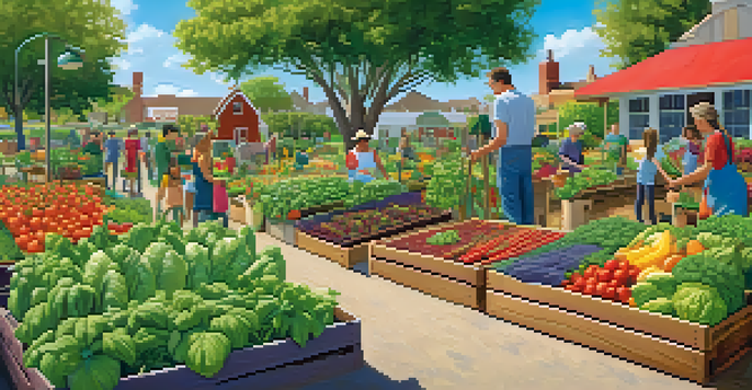 A lively community garden where families are planting and harvesting vegetables and fruits, surrounded by colorful flowers and a wooden sign.