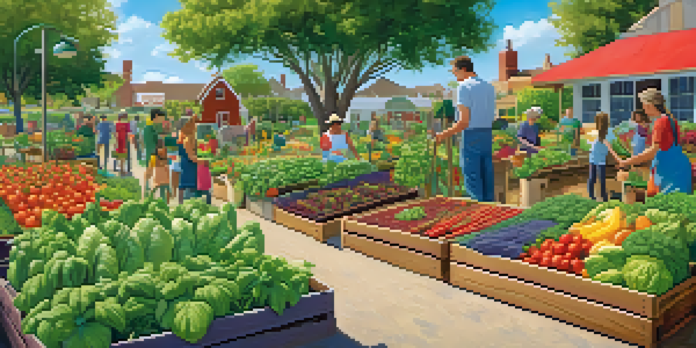 A lively community garden where families are planting and harvesting vegetables and fruits, surrounded by colorful flowers and a wooden sign.