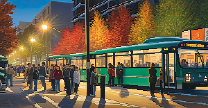 A busy urban street in Redwood City with commuters at a bus stop and cars in the background.
