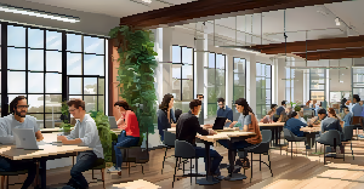 A modern co-working space in Redwood City filled with professionals collaborating and working on laptops in a bright, green environment.