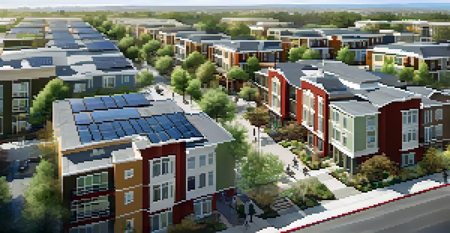 Aerial view of a mixed-use neighborhood showing residential buildings, retail spaces, and green parks, with cyclists and pedestrians on pathways.