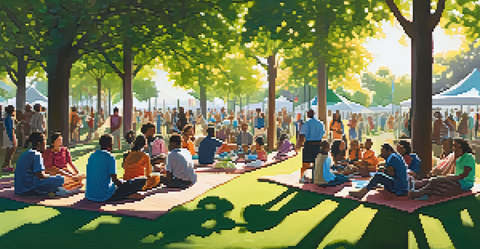 A lively park scene with diverse community members discussing local governance initiatives under sunny skies.