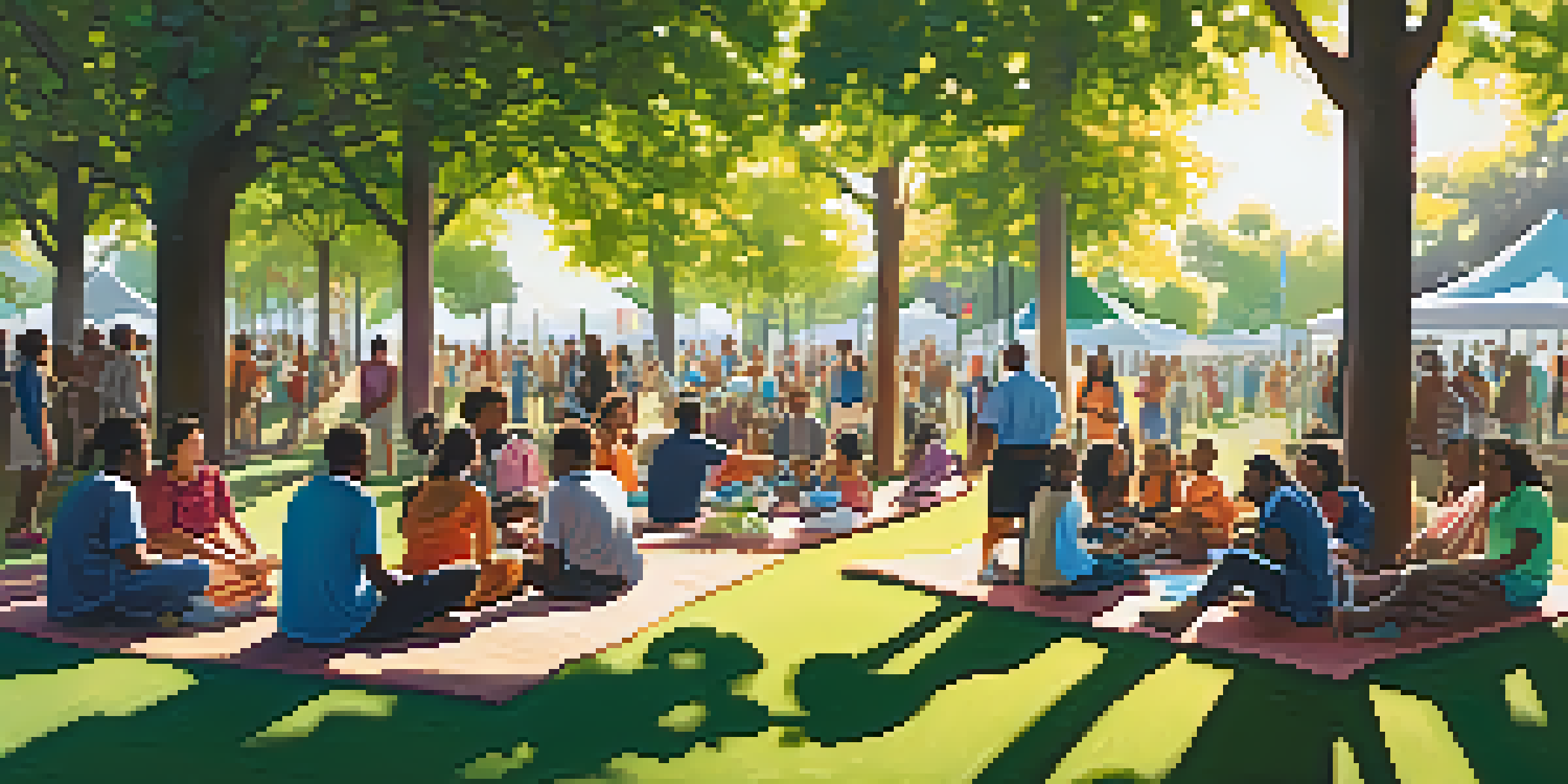 A lively park scene with diverse community members discussing local governance initiatives under sunny skies.