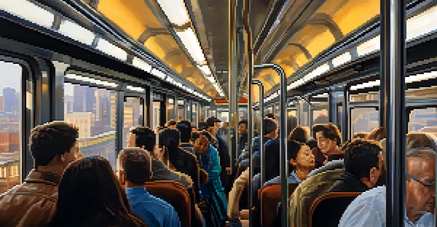 Interior of a crowded public transit train with diverse passengers and a cityscape visible through the window.