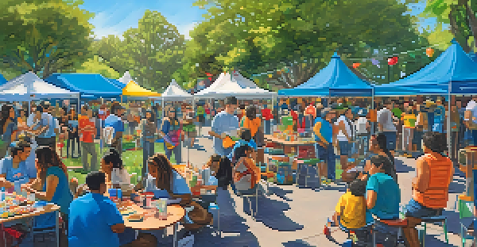 A lively community gathering in a park with families participating in various activities, surrounded by colorful decorations and greenery.