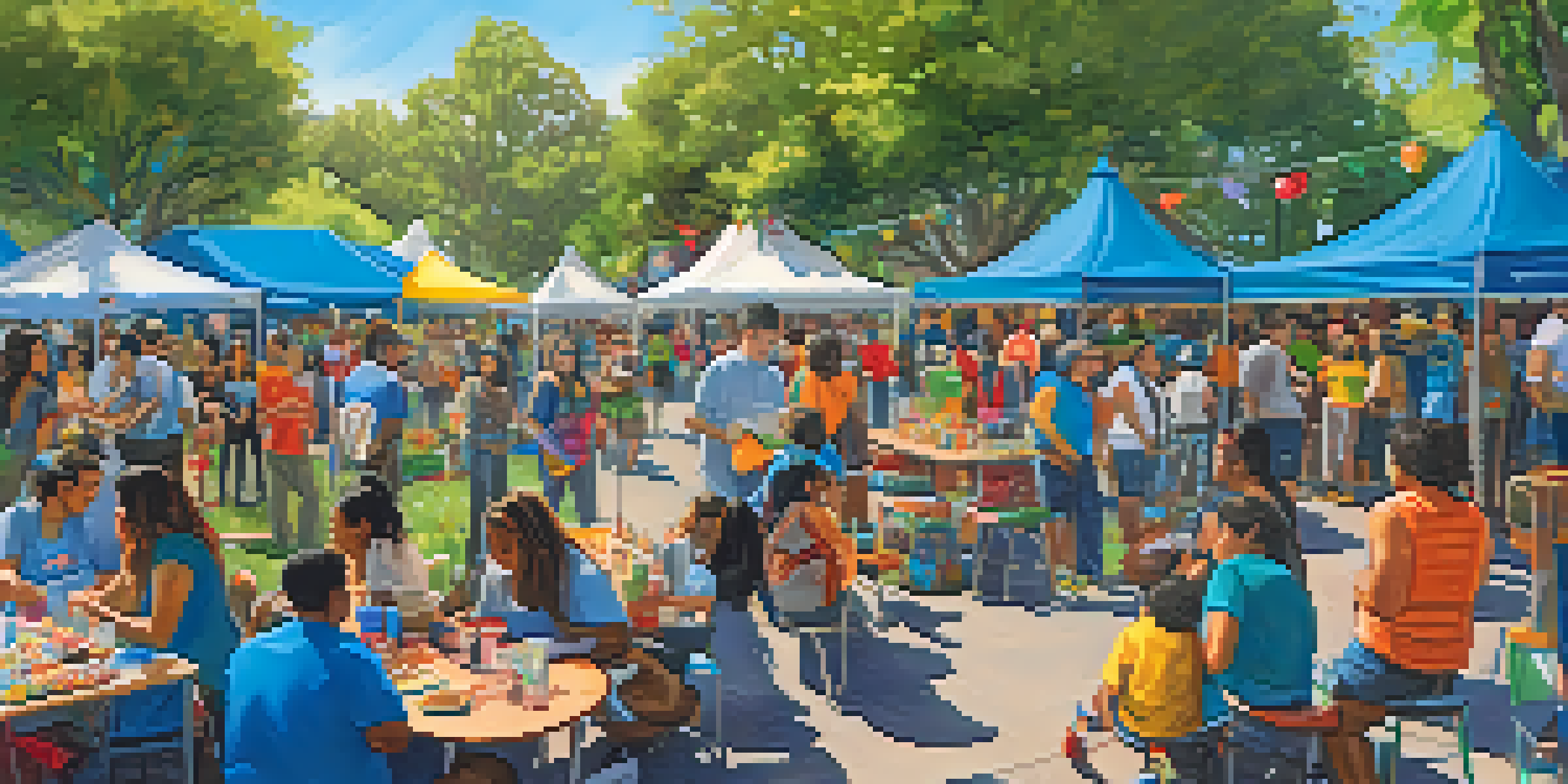 A lively community gathering in a park with families participating in various activities, surrounded by colorful decorations and greenery.