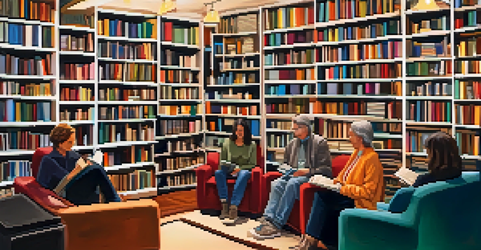 A cozy independent bookstore with shelves of colorful books, a reading nook, and a small group gathered for a book reading event.