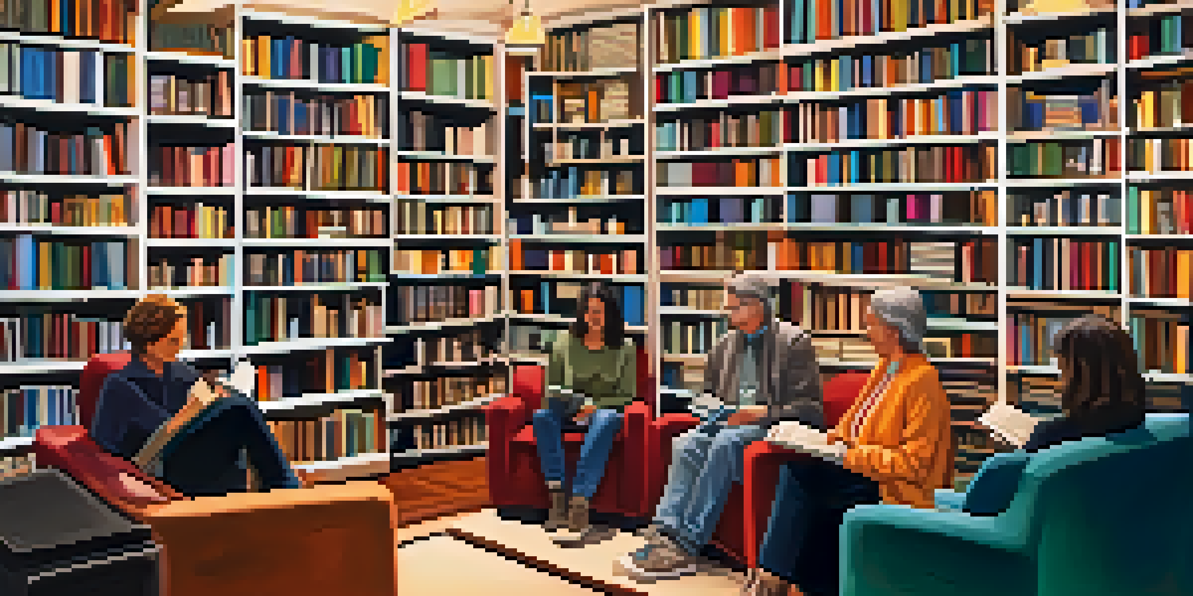 A cozy independent bookstore with shelves of colorful books, a reading nook, and a small group gathered for a book reading event.