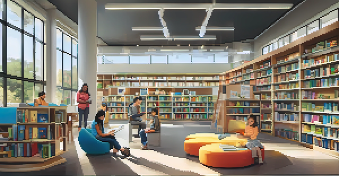 A lively library with families reading and children participating in workshops, featuring colorful bookshelves and natural light.