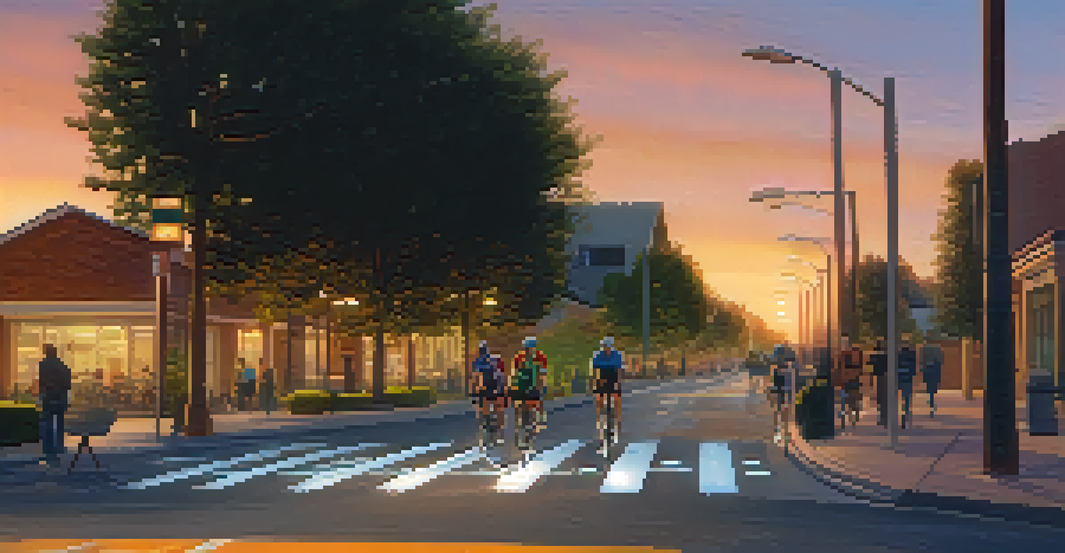 An illuminated bike lane in the city at sunset, with cyclists and clear signage.