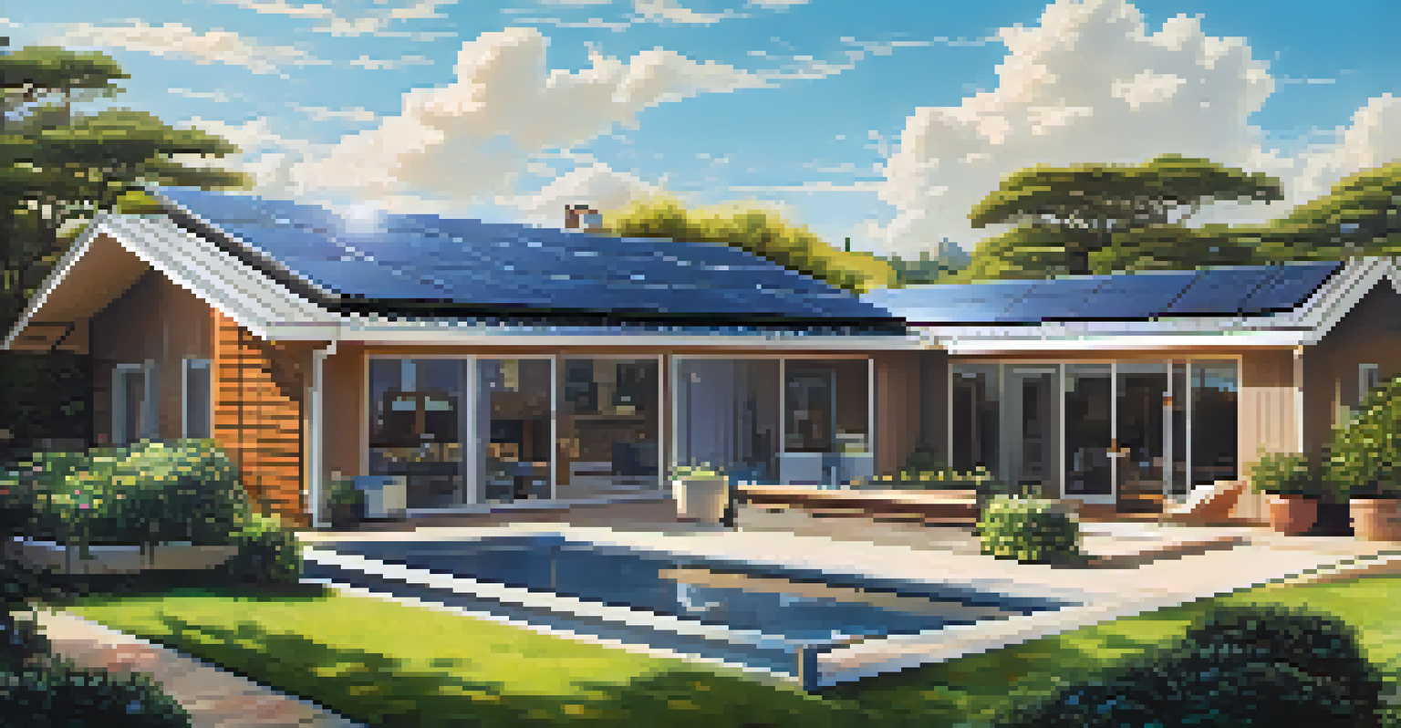 A couple inspecting solar panels on a modern home, with sunlight reflecting off the panels and a clear blue sky in the background.