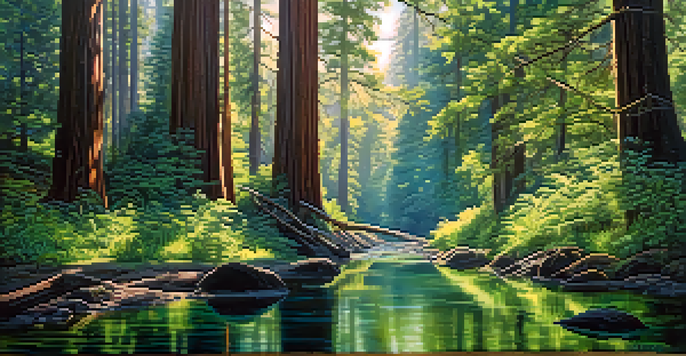 A peaceful forest scene with tall redwood trees, sunlight shining through the leaves, and a clear stream running through the forest.