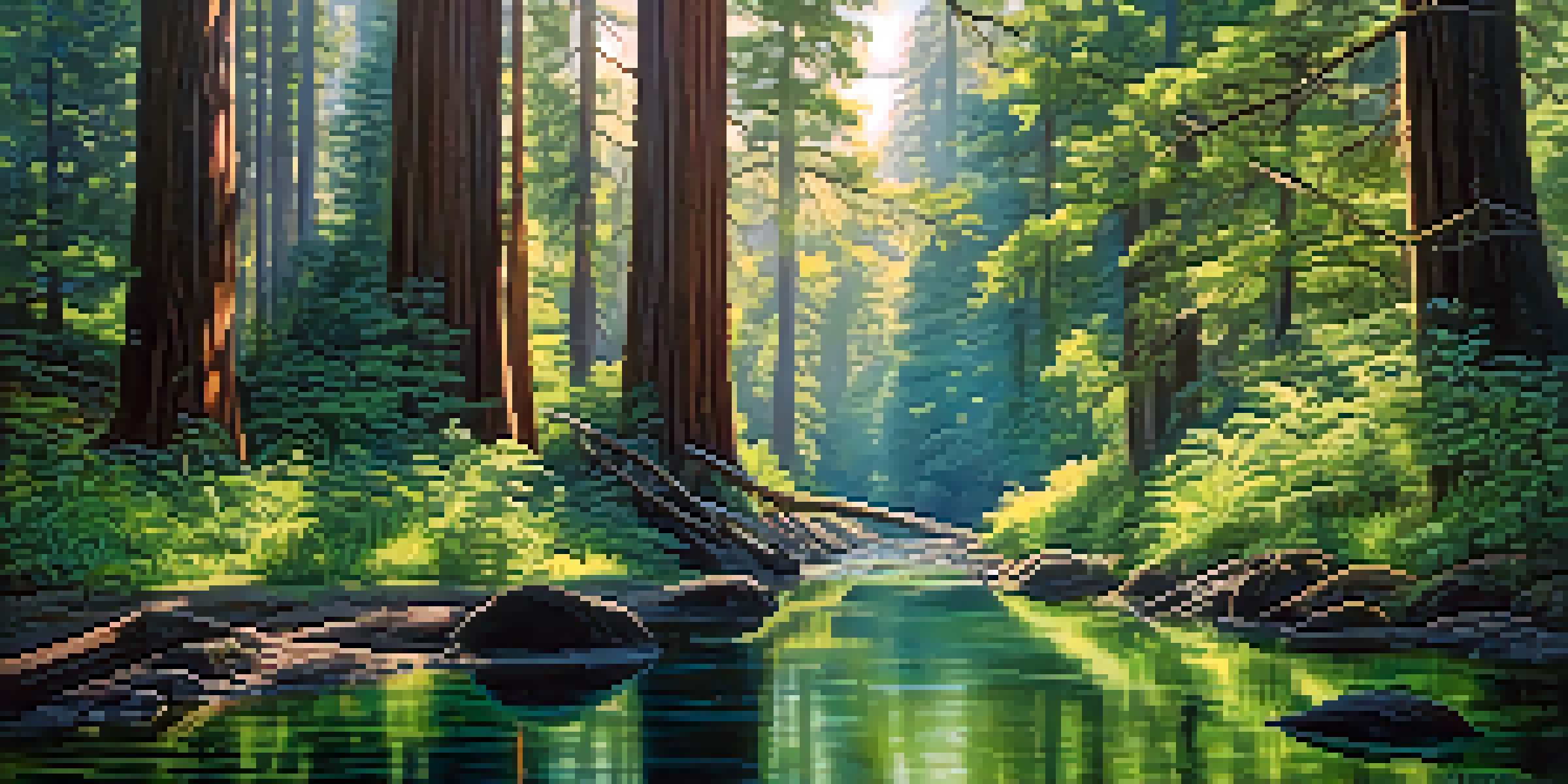 A peaceful forest scene with tall redwood trees, sunlight shining through the leaves, and a clear stream running through the forest.