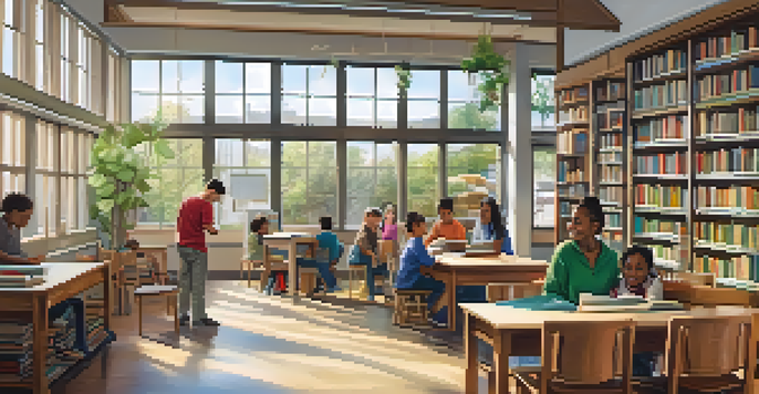 A lively library interior with people of different ages engaging in reading, workshops, and art displays, illuminated by natural light.