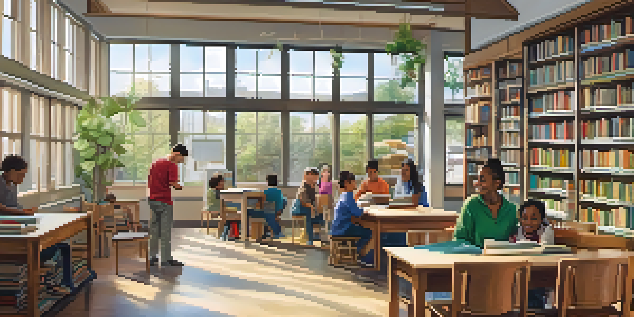 A lively library interior with people of different ages engaging in reading, workshops, and art displays, illuminated by natural light.