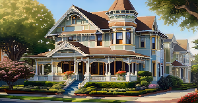 A colorful Victorian house with intricate details, surrounded by greenery and bathed in afternoon sunlight.