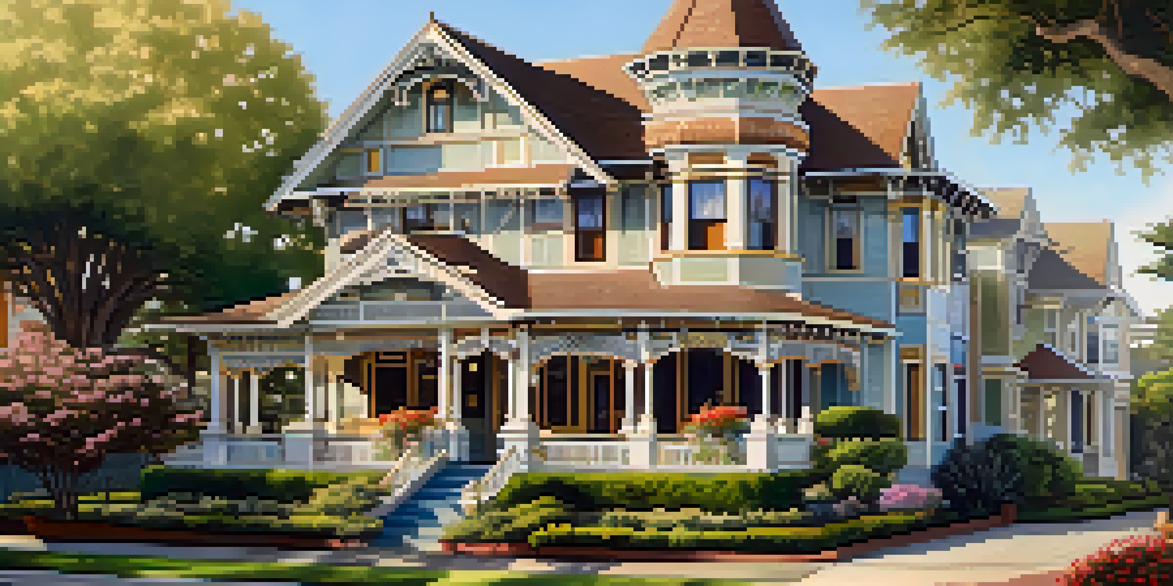 A colorful Victorian house with intricate details, surrounded by greenery and bathed in afternoon sunlight.