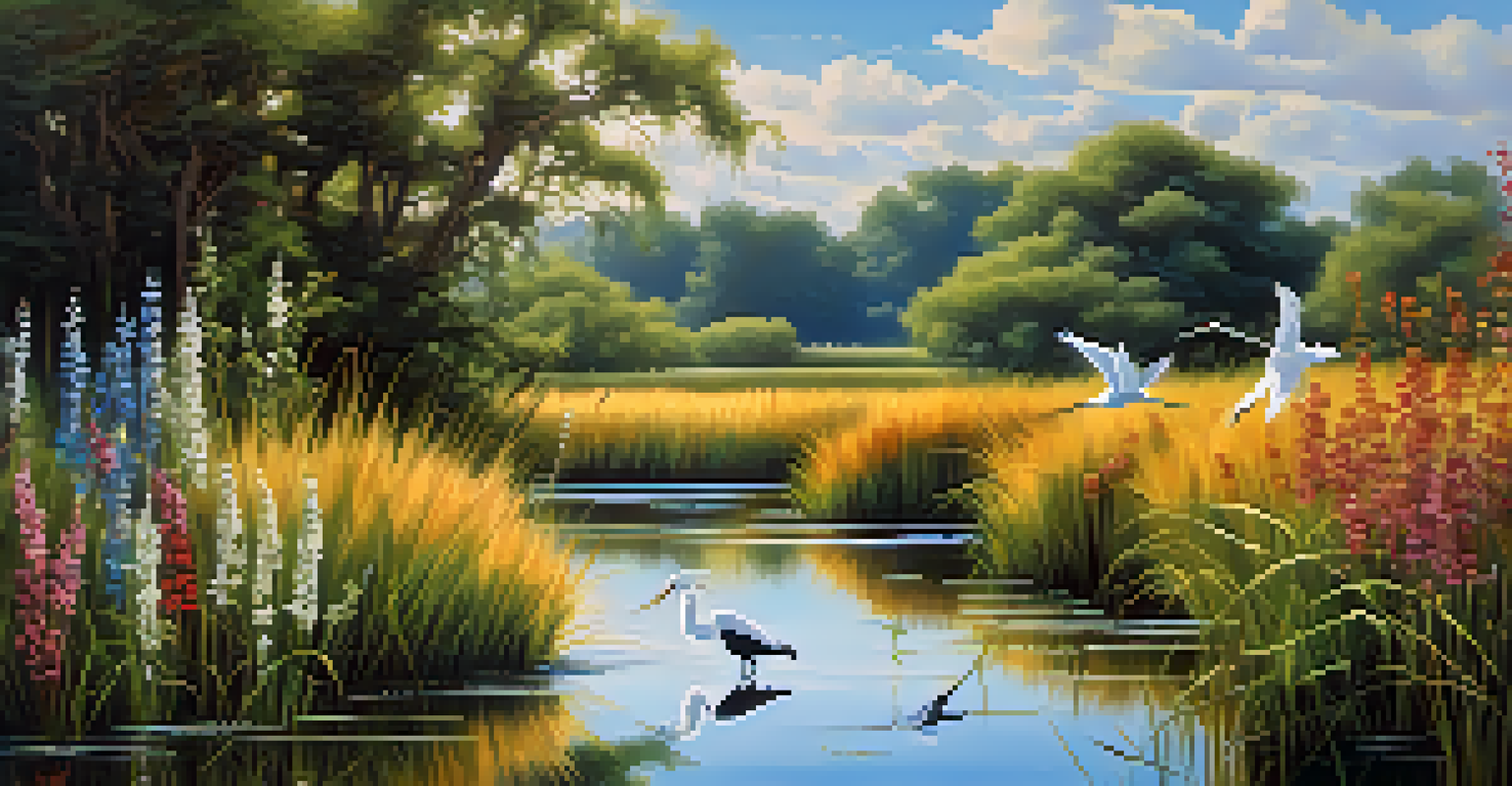 A lively wetland with birds, green grasses, and colorful flowers, reflecting the blue sky in the water.